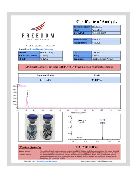 Page 1 of the certificate of analysis for GHK-Cu Vial 50 mg lot GHK50-002 (Freedom Diagnostics)
