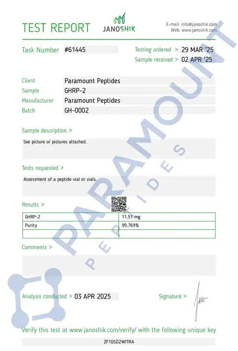 Page 1 of the certificate of analysis for GHRP-2 (10mg) lot GH-0002 (Janoshik)