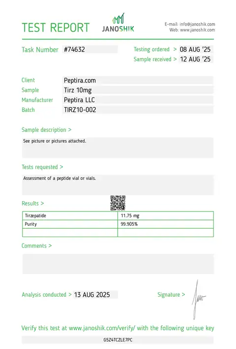 Page 1 of the certificate of analysis for TIRZ-2 Vial 10 mg lot TIRZ10-002 (Janoshik)