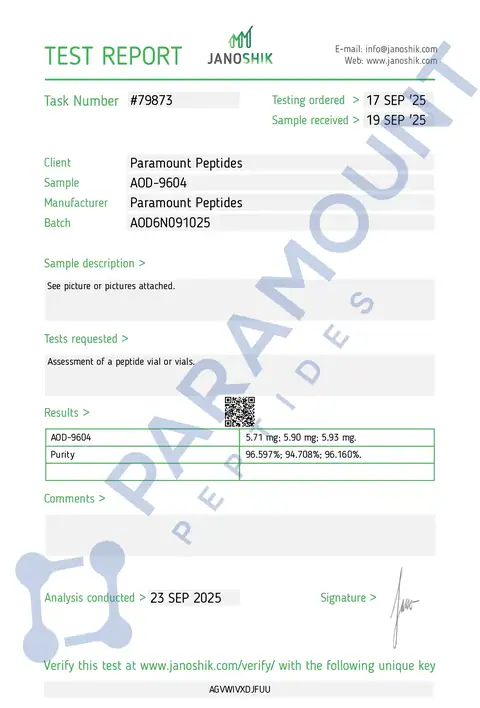 Page 1 of the certificate of analysis for AOD 9604 (6mg) lot AOD6N091025 (Janoshik)