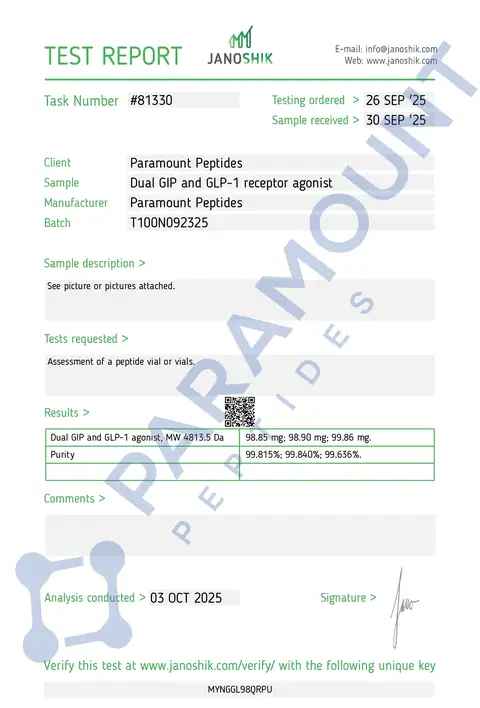 Page 1 of the certificate of analysis for GLP-2 T - 100mg lot T100N092325 (Janoshik)