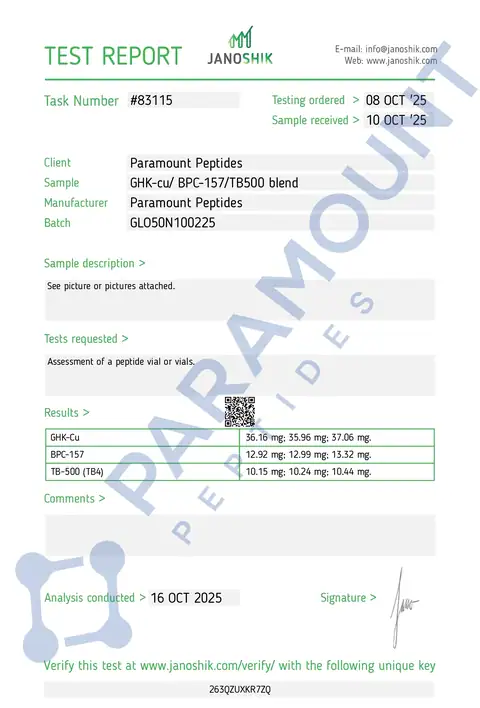 Page 1 of the certificate of analysis for GLOW 50 GHK-CU (30mg) / BPC-157 (10mg) / TB500 (10mg) lot GLO50N100225 (Janoshik)