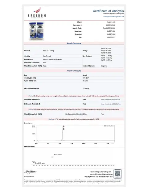 Page 1 of the certificate of analysis for BPC-157 Vial 10 mg lot BPC10-011 (Freedom Diagnostics)