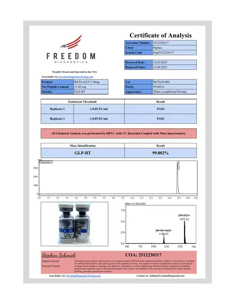 Page 1 of the certificate of analysis for RETA-3 Vial 10 mg lot RETA10-005 (Freedom Diagnostics)
