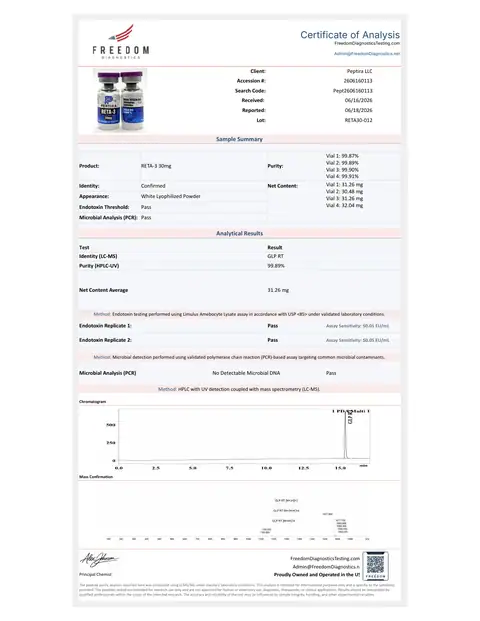 Page 1 of the certificate of analysis for RETA-3 Vial 30 mg lot RETA30-012 (Freedom Diagnostics)