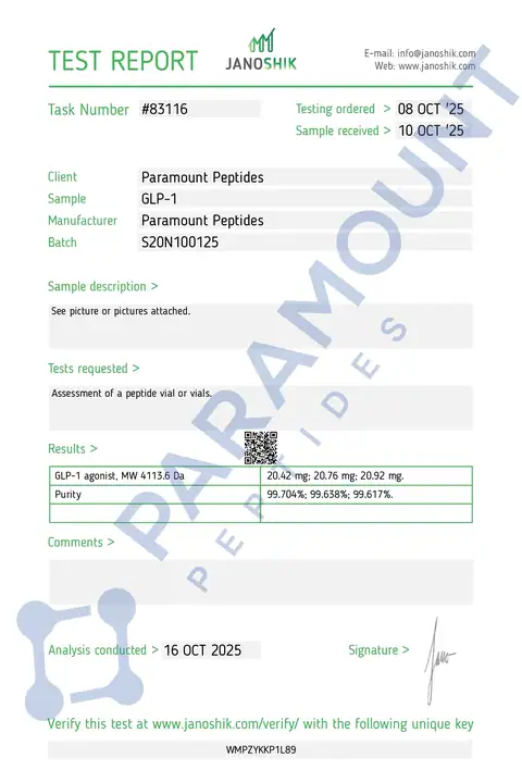 Page 1 of the certificate of analysis for GLP-1 S - 20mg lot 20N100125 (Janoshik)