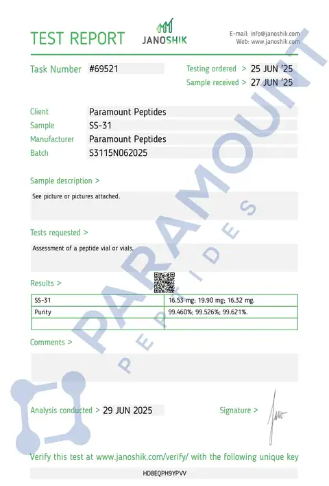 Page 1 of the certificate of analysis for SS-31 (15mg) lot $3115N062025 (Janoshik)