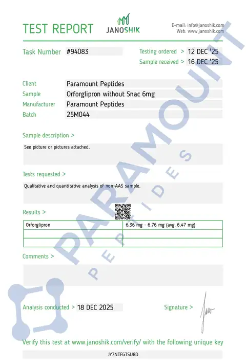 Page 1 of the certificate of analysis for Orforglipron (6mg) x 60 Tablets lot 25M044 (Janoshik)