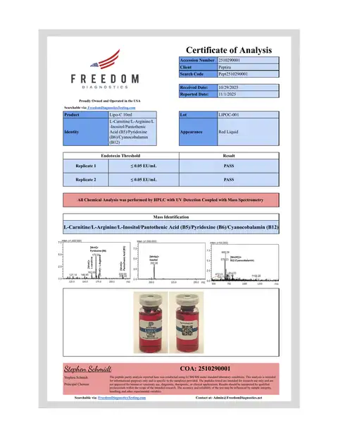 Page 1 of the certificate of analysis for Lipo-C Vial lot LIPOC-001 (Freedom Diagnostics)