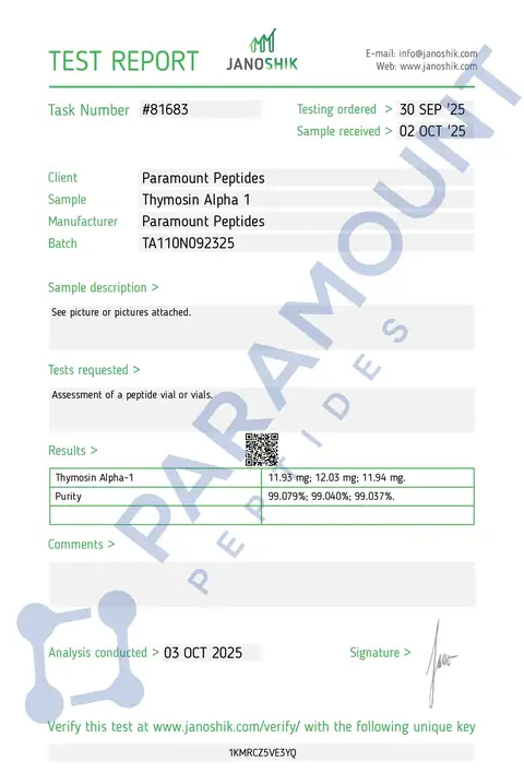 Page 1 of the certificate of analysis for Thymosin Alpha 1 (TA1) (10mg) lot TA110N092325 (Janoshik)
