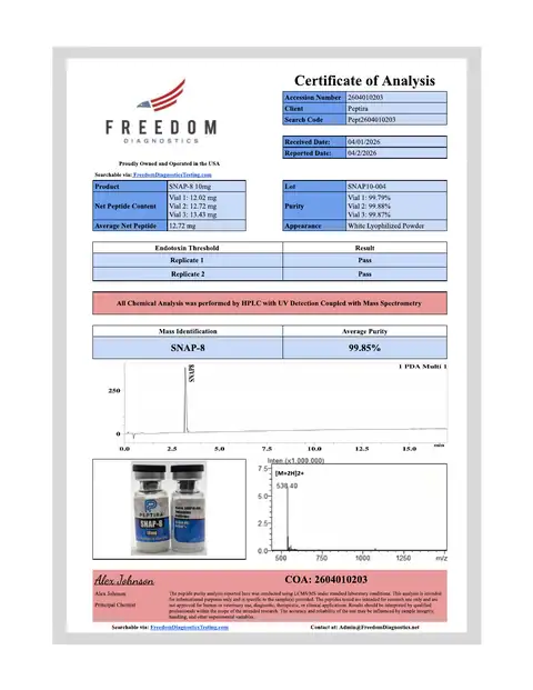 Page 1 of the certificate of analysis for Snap-8 Vial 10 mg lot SNAP10-004 (Freedom Diagnostics)
