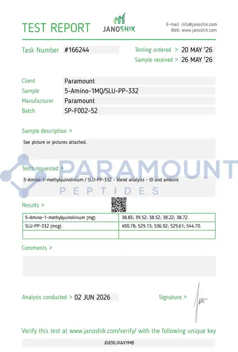 Page 1 of the certificate of analysis for 5-Amino-1mq (50mg) x 60 Tablets lot SP-F002-52 (Janoshik)