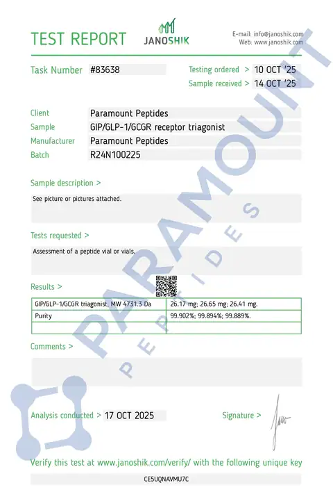 Page 1 of the certificate of analysis for GLP-3 R - 24mg lot R24N100225 (Janoshik)
