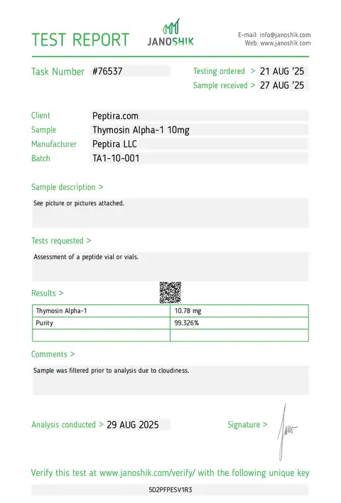 Page 1 of the certificate of analysis for THYMOSIN ALPHA-1 Vial 10 mg lot TA1-10-001 (Janoshik)