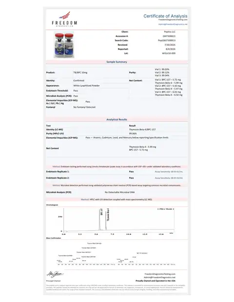 Page 1 of the certificate of analysis for TB/BP Blend (Wolverine) Vial 10 mg lot WOLV10-009 (Freedom Diagnostics)