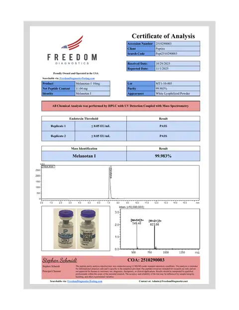 Page 1 of the certificate of analysis for Melanotan-1 Vial 10 mg lot MT1-10-005 (Freedom Diagnostics)