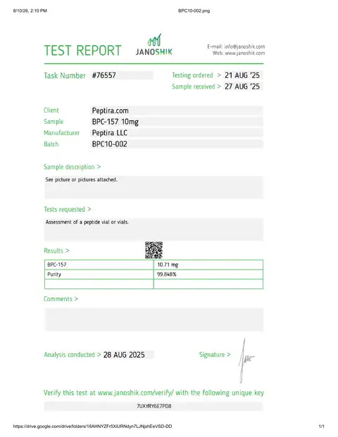 Page 1 of the certificate of analysis for BPC-157 Vial 10 mg lot BPC10-002 (Janoshik)