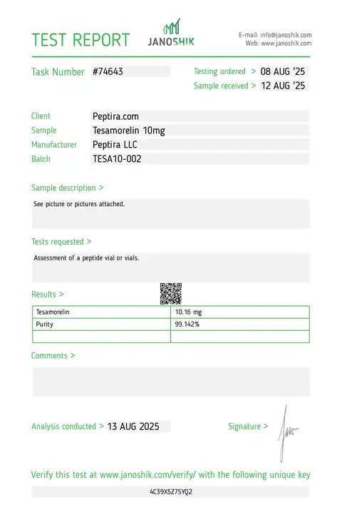 Page 1 of the certificate of analysis for TESAMORELIN Vial 10 mg lot TESA10-002 (Janoshik)
