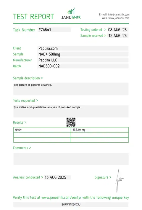 Page 1 of the certificate of analysis for NAD+ Vial 500 mg lot NAD500-002 (Janoshik)