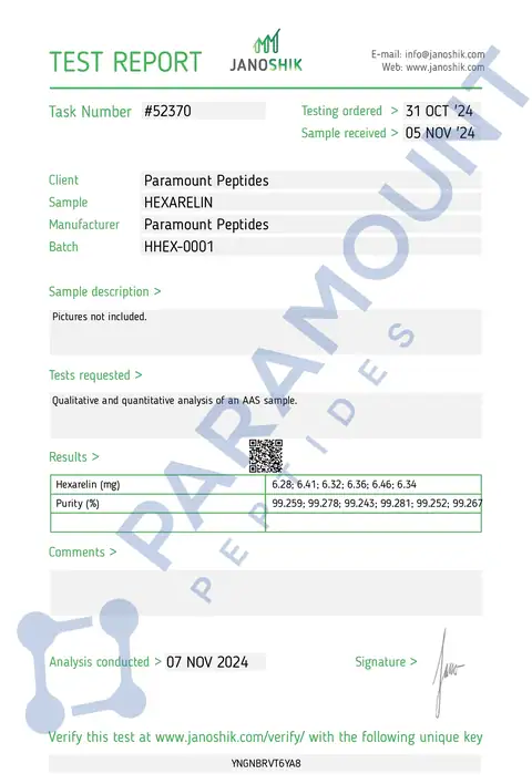 Page 1 of the certificate of analysis for Hexarelin (5mg) lot HHEX-0001 (Janoshik)