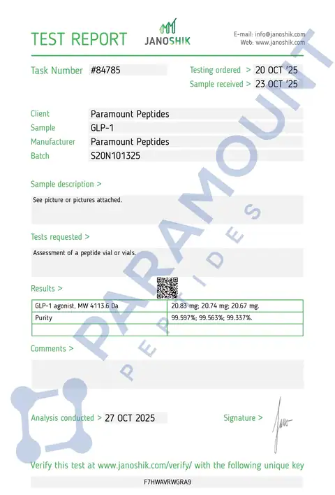 Page 1 of the certificate of analysis for GLP-1 S - 20mg lot $20N101325 (Janoshik)