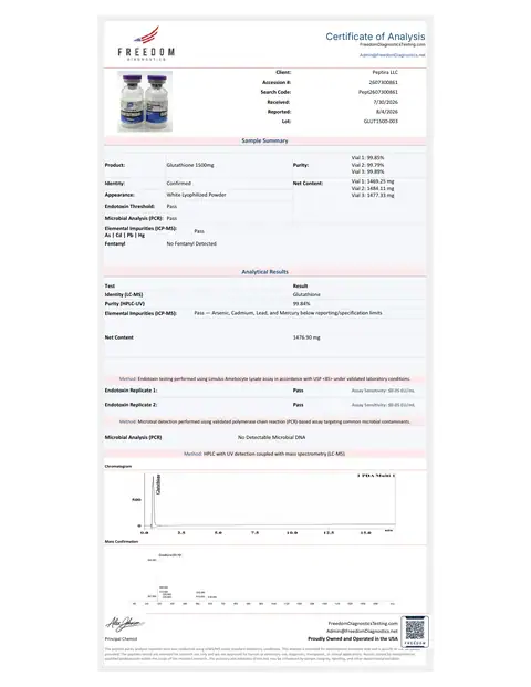 Page 1 of the certificate of analysis for Glutathione Vial 1500 mg lot GLUT1500-003 (Freedom Diagnostics)