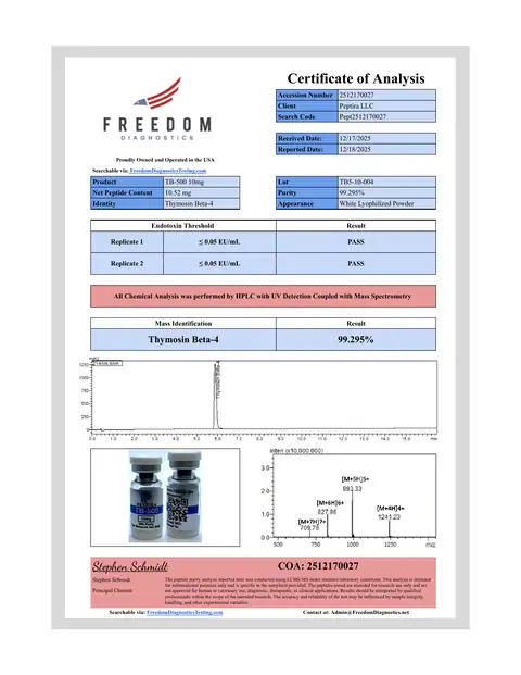 Page 1 of the certificate of analysis for TB-500 Vial 10 mg lot TB5-10-004 (Freedom Diagnostics)