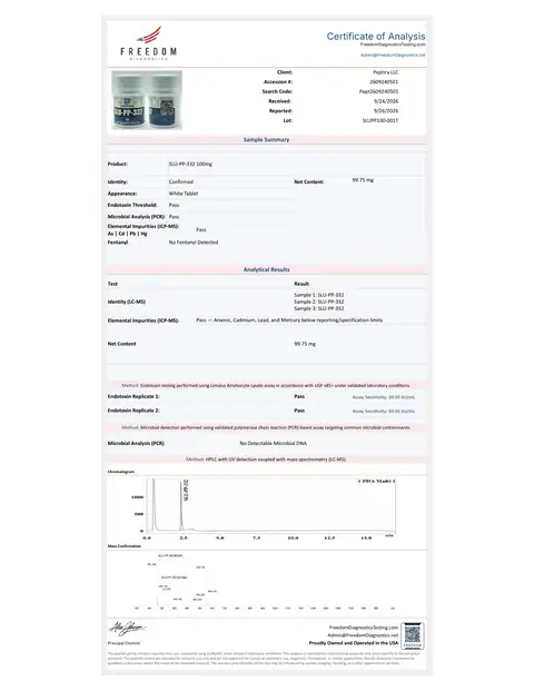 Page 1 of the certificate of analysis for SLU-PP-332 Tablets 100 mg 60ct lot SLUPP100-001T (Freedom Diagnostics)