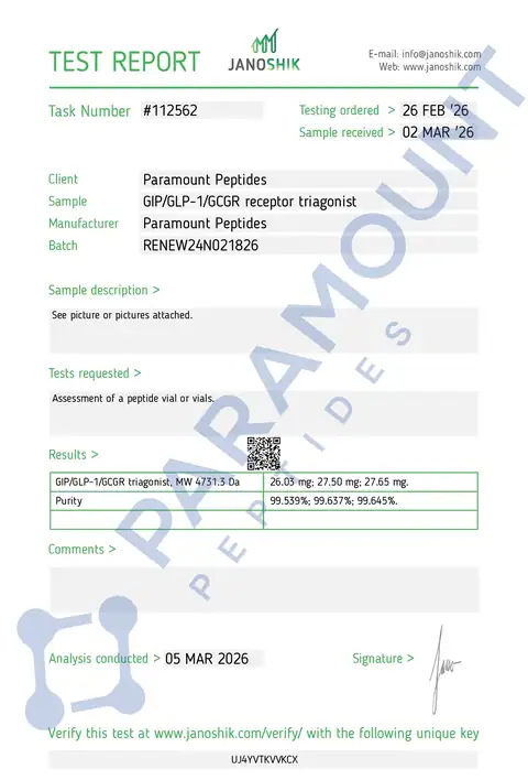 Page 1 of the certificate of analysis for GLP-3 R - 24mg lot RENEW24N021826 (Janoshik)