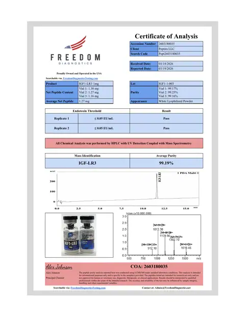 Page 1 of the certificate of analysis for IGF1-LR3 Vial 1 mg lot IGF1-1-003 (Freedom Diagnostics)