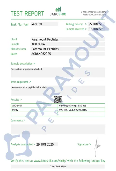 Page 1 of the certificate of analysis for AOD 9604 (6mg) lot AOD6N062025 (Janoshik)
