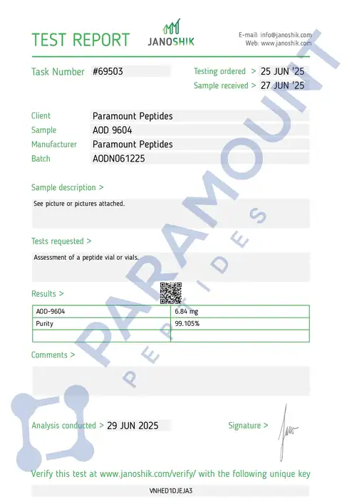 Page 1 of the certificate of analysis for AOD 9604 (6mg) lot AODN061225 (Janoshik)