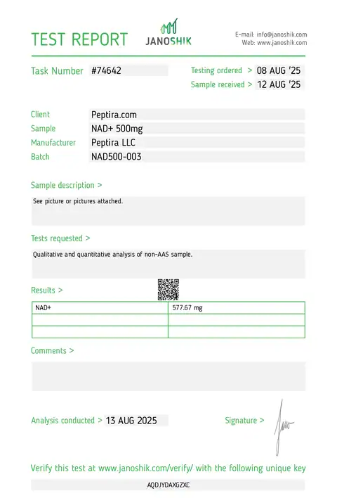 Page 1 of the certificate of analysis for NAD+ Vial 500 mg lot NAD500-003 (Janoshik)