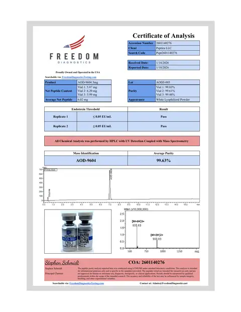 Page 1 of the certificate of analysis for AOD-9604 Vial 5 mg lot AOD5-003 (Freedom Diagnostics)