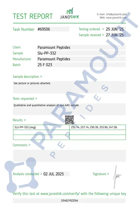 Page 1 of the certificate of analysis for SLU-PP-332 (250mcg) x 60 Tablets lot 25 F 023 (Janoshik)