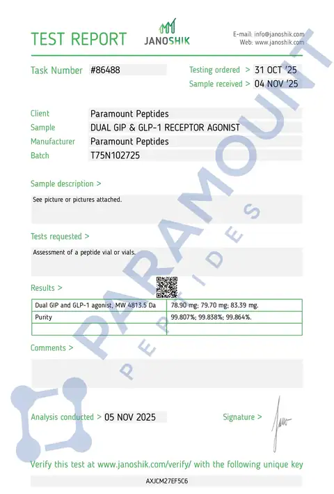 Page 1 of the certificate of analysis for GLP-2 T - 75mg lot T75N102725 (Janoshik)