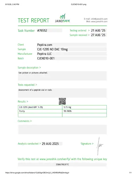 Page 1 of the certificate of analysis for CJC-1295 (NoDAC) Vial 10 mg lot CJCND10-001 (Janoshik)