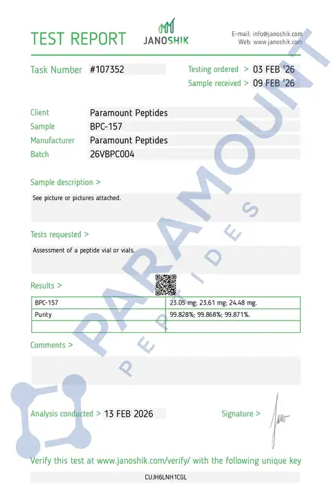 Page 1 of the certificate of analysis for BPC-157 (20mg) lot 26VBPCO04 (Janoshik)