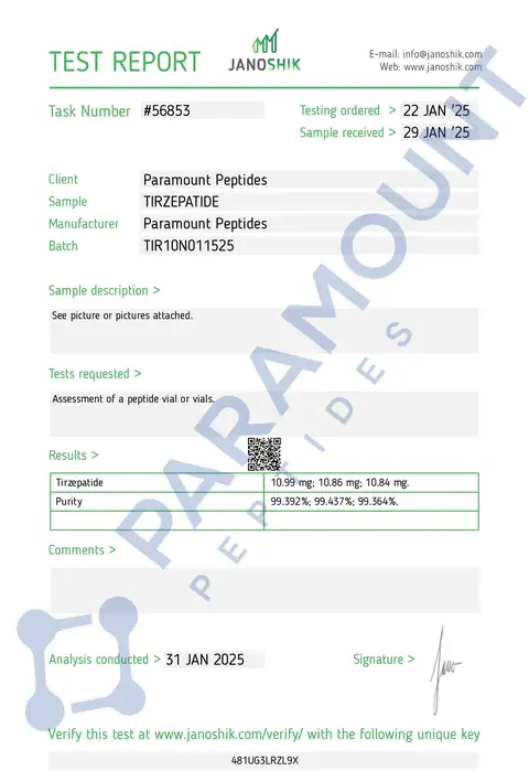 Page 1 of the certificate of analysis for GLP-2 T - 10mg lot TIR10N011525 (Janoshik)
