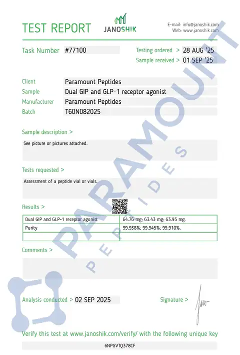 Page 1 of the certificate of analysis for GLP-2 T - 60mg lot T60N082025 (Janoshik)