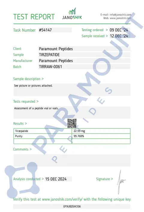 Page 1 of the certificate of analysis for GLP-2 T - 20mg lot TIRRAW-0061 (Janoshik)