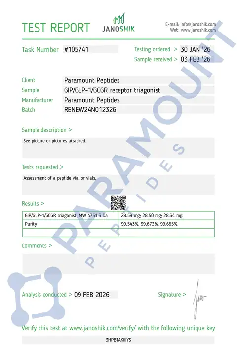 Page 1 of the certificate of analysis for GLP-3 R - 24mg lot RENEW24N012326 (Janoshik)