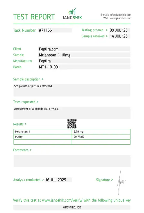 Page 1 of the certificate of analysis for Melanotan-1 Vial 10 mg lot MT1-10-001 (Janoshik)