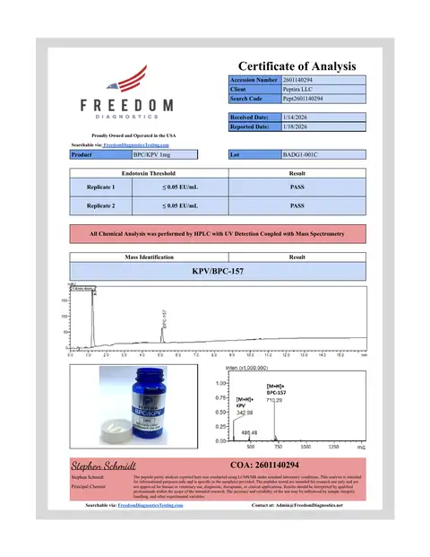 Page 1 of the certificate of analysis for BPC/KPV Caps 1 mg 60ct lot BADG1-001C (Freedom Diagnostics)