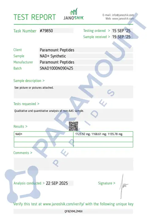 Page 1 of the certificate of analysis for NAD+ (1000mg) Synthetic (6ml Vial) lot SNAD1000N090425 (Janoshik)