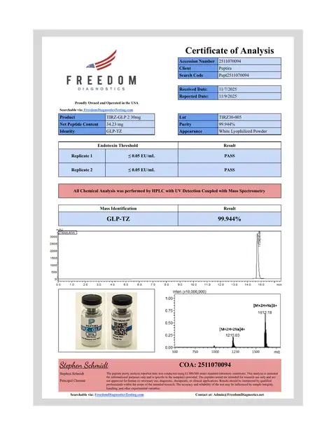 Page 1 of the certificate of analysis for TIRZ-2 Vial 30 mg lot TIRZ30-005 (Freedom Diagnostics)
