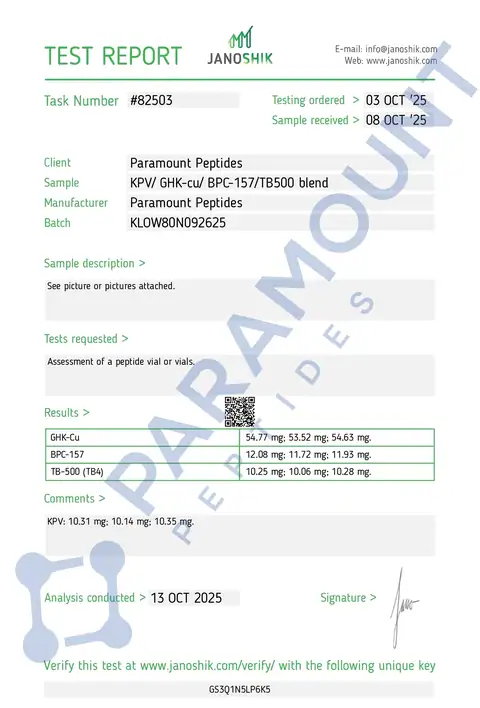 Page 1 of the certificate of analysis for KLOW - GHK-Cu (50mg) / KPV (10mg) / BPC-157 (10mg) / TB500 (10mg) lot KLOW80N092625 (Janoshik)