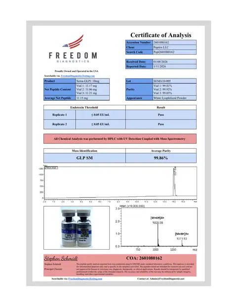 Page 1 of the certificate of analysis for SEMA-1 Vial 10 mg lot SEMA10-005 (Freedom Diagnostics)