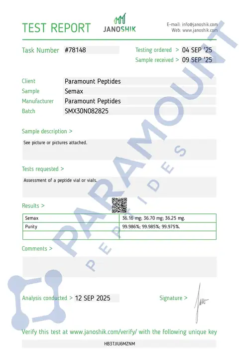 Page 1 of the certificate of analysis for Semax (30mg) lot SMX30N082825 (Janoshik)