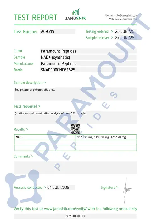 Page 1 of the certificate of analysis for NAD+ (1000mg) Synthetic (6ml Vial) lot SNAD1000N061825 (Janoshik)